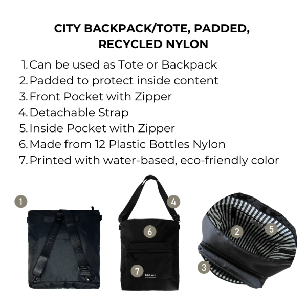 City Backpack Tote, Padded, Recycled Nylon, Black, New York For Cheap