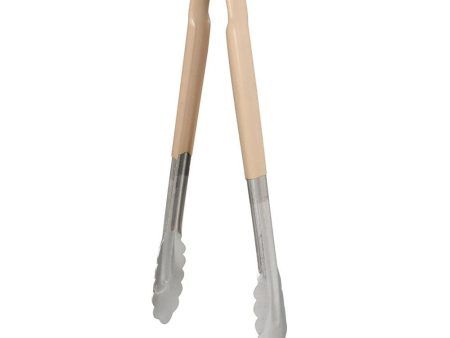 Vollrath 4781260 12 L Stainless Steel Utility Tongs with Tan Kool-Touch Handle - Scalloped Teeth, Springless | Denson CFE on Sale