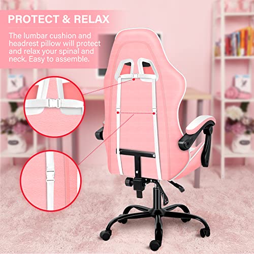 Pink Gaming Chair, Big and Tall Gamer Chair, Racing Style Adjustable Swivel Office Chair, Ergonomic Video Game Chairs with Headrest and Lumbar Support Online now