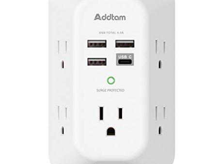 USB Wall Charger Surge Protector 5 Outlet Extender with 4 USB Charging Ports (1 USB C Outlet) 3 Sided 1800J Power Strip Multi Plug Outlets Wall Adapter Spaced for Home Travel Office ETL Listed on Sale