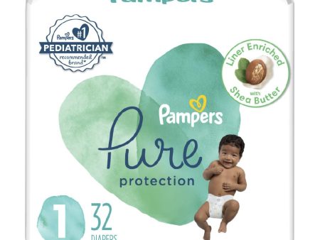 Pampers Pure Protection Diapers - Size 1, 32 Count, Hypoallergenic Premium Disposable Baby Diapers For Sale