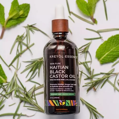 Kreyol Essence - Rosemary Peppermint Haitian Black Castor Oil for Skin and Hair, 3.4 Oz Glass Bottle -, Natural Humectant, Hair Growth. Sale